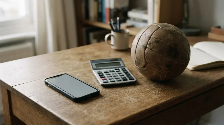 Móvil con interfaz neutra junto a una calculadora y un balón sobre un escritorio de madera