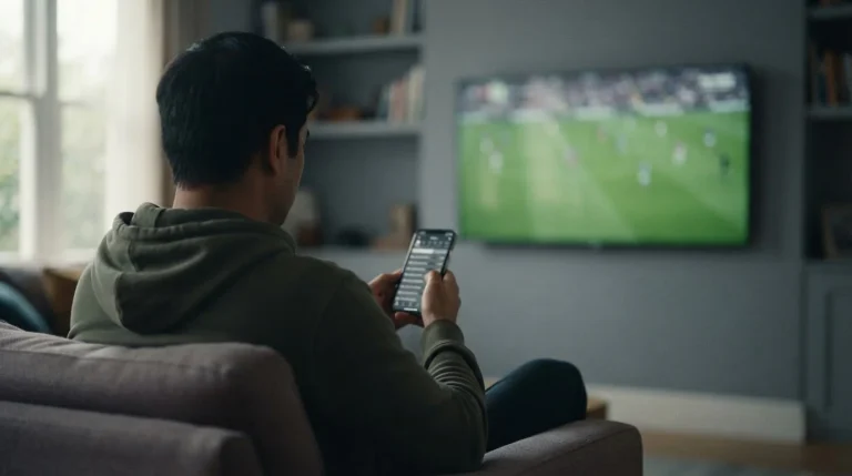 Apostante de espaldas con un móvil mientras en la televisión se emite un partido