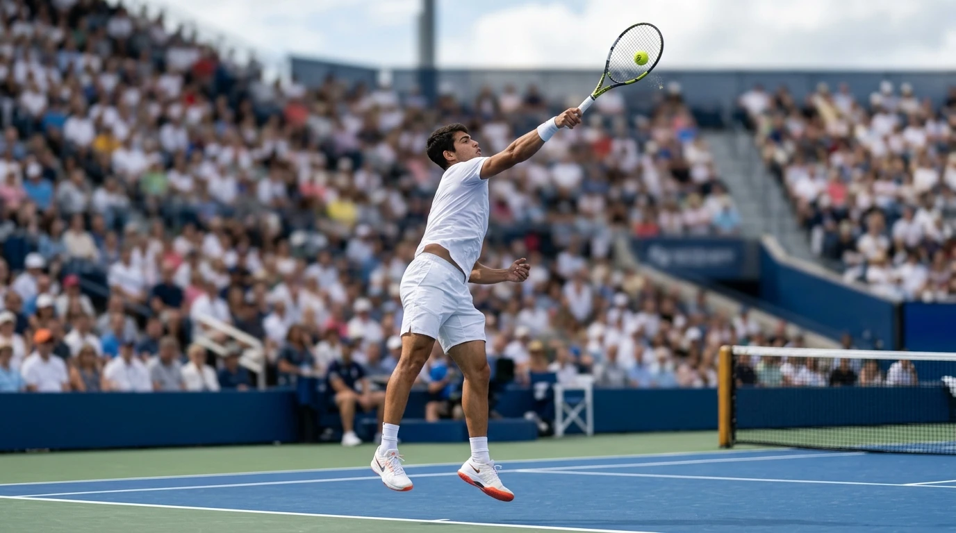 Tenista realizando un saque potente en una pista dura con publico en las gradas