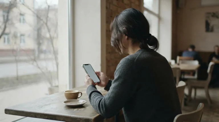 Persona de espaldas consulta una app de apuestas en el móvil junto a una ventana