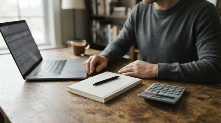 Cuaderno, calculadora y portátil sobre un escritorio para analizar pronósticos deportivos