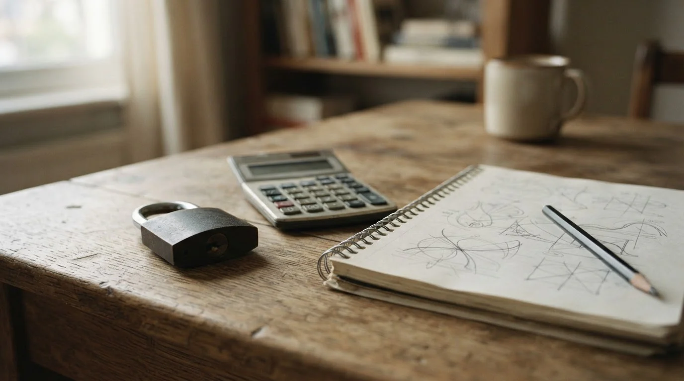 Candado cerrado junto a una calculadora y un cuaderno sobre un escritorio