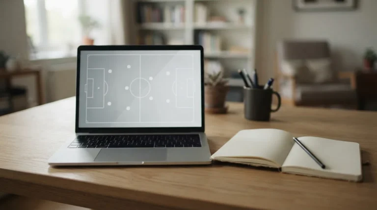 Partido de fútbol virtual en un portátil junto a un cuaderno en blanco