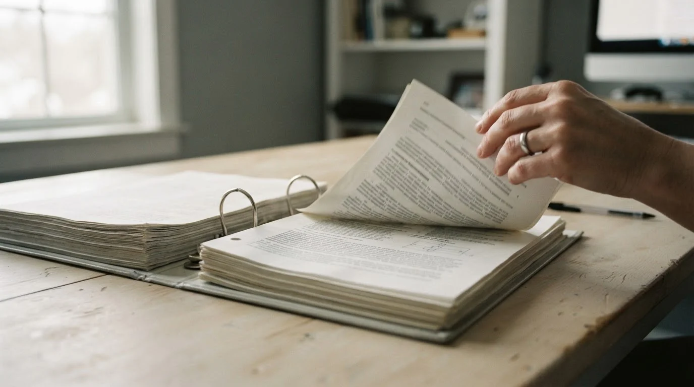Carpeta abierta con documentos normativos sobre una mesa clara
