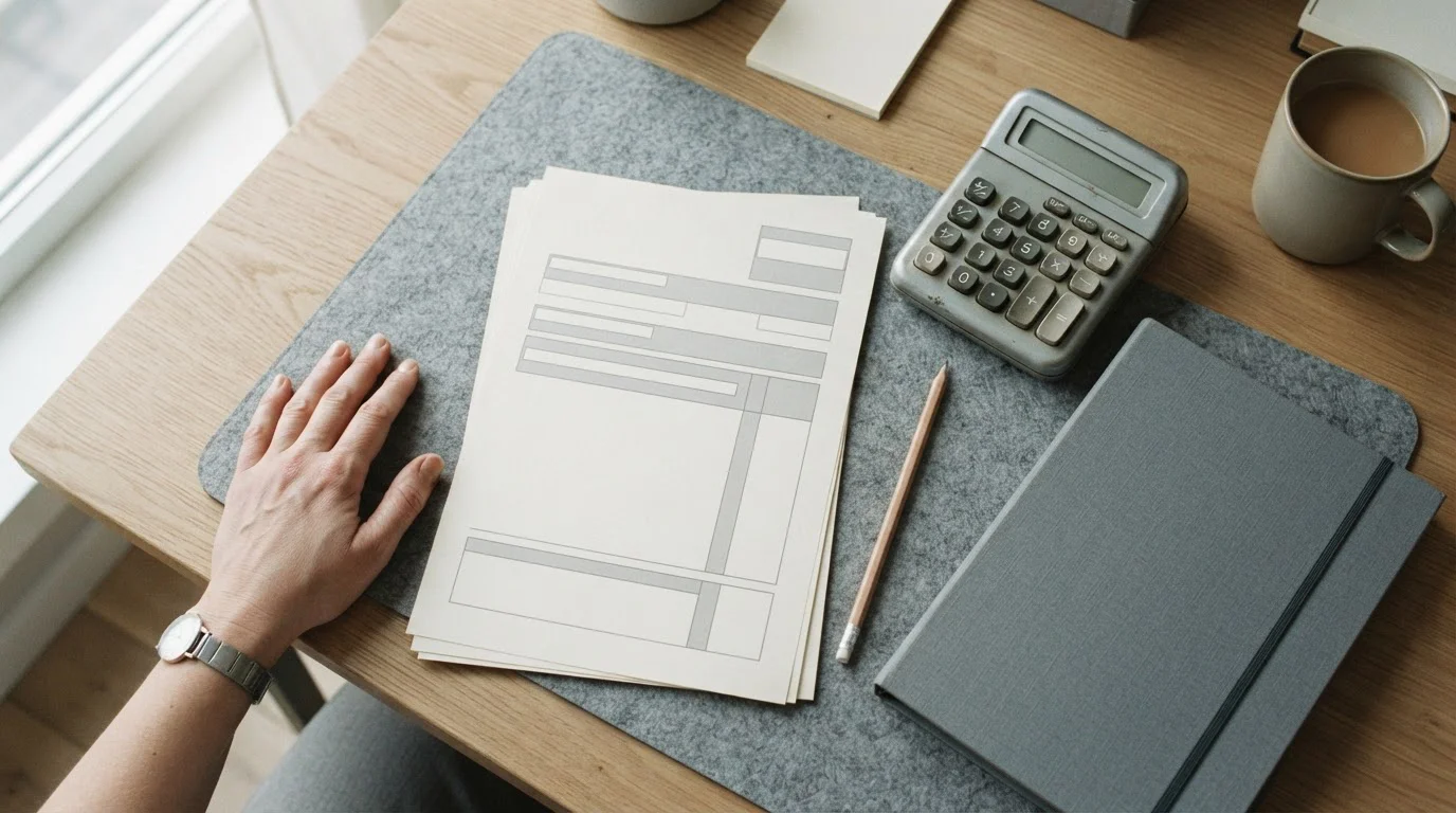 Formularios fiscales en blanco y calculadora sobre una mesa