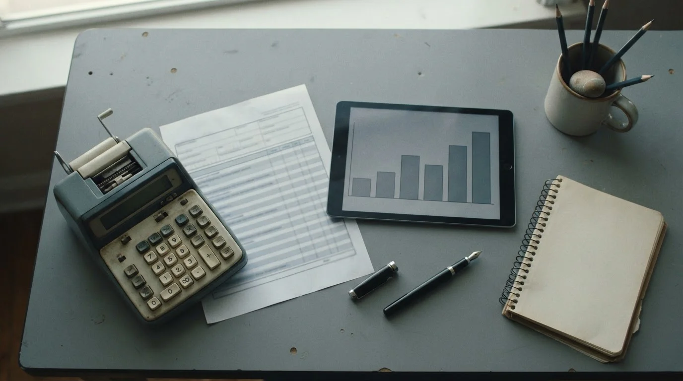 Escritorio con calculadora, un formulario impreso y una tableta con un gráfico vacío