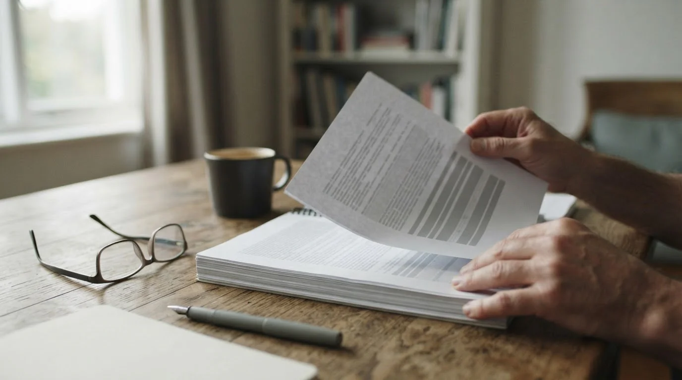 Manos pasando las páginas de un documento de condiciones generales