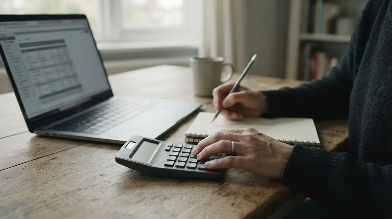 Manos con una calculadora junto a un cuaderno en blanco y un portátil