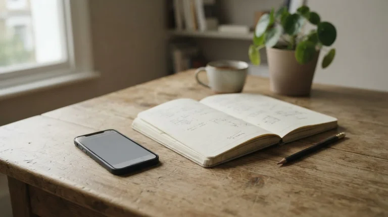 Móvil con interfaz neutra junto a un cuaderno abierto sobre un escritorio de madera