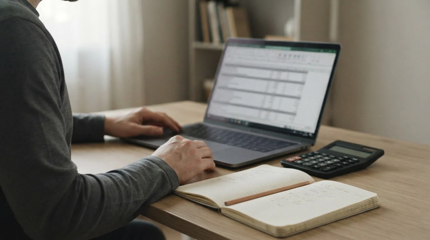 Manos junto a una calculadora y un portátil con tablas neutras sobre una mesa de trabajo