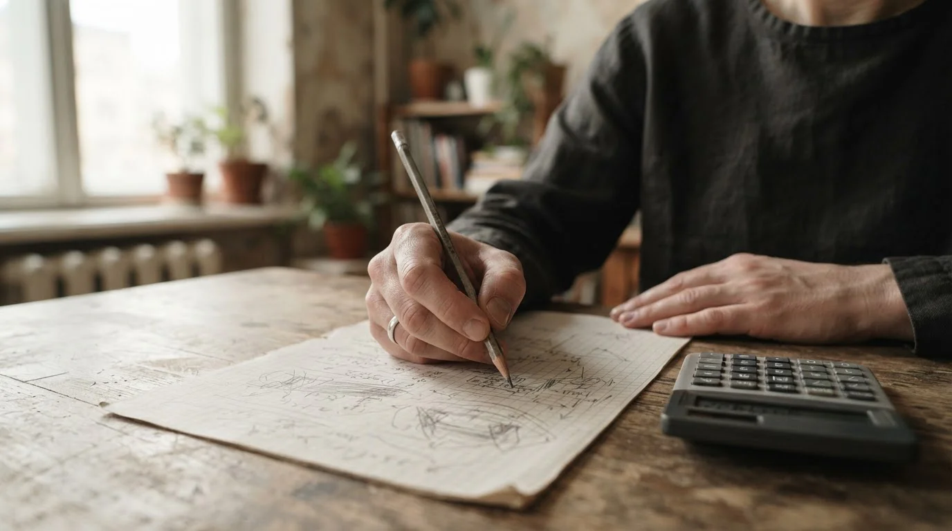 Mano con lápiz sobre papel cuadriculado junto a una calculadora sencilla