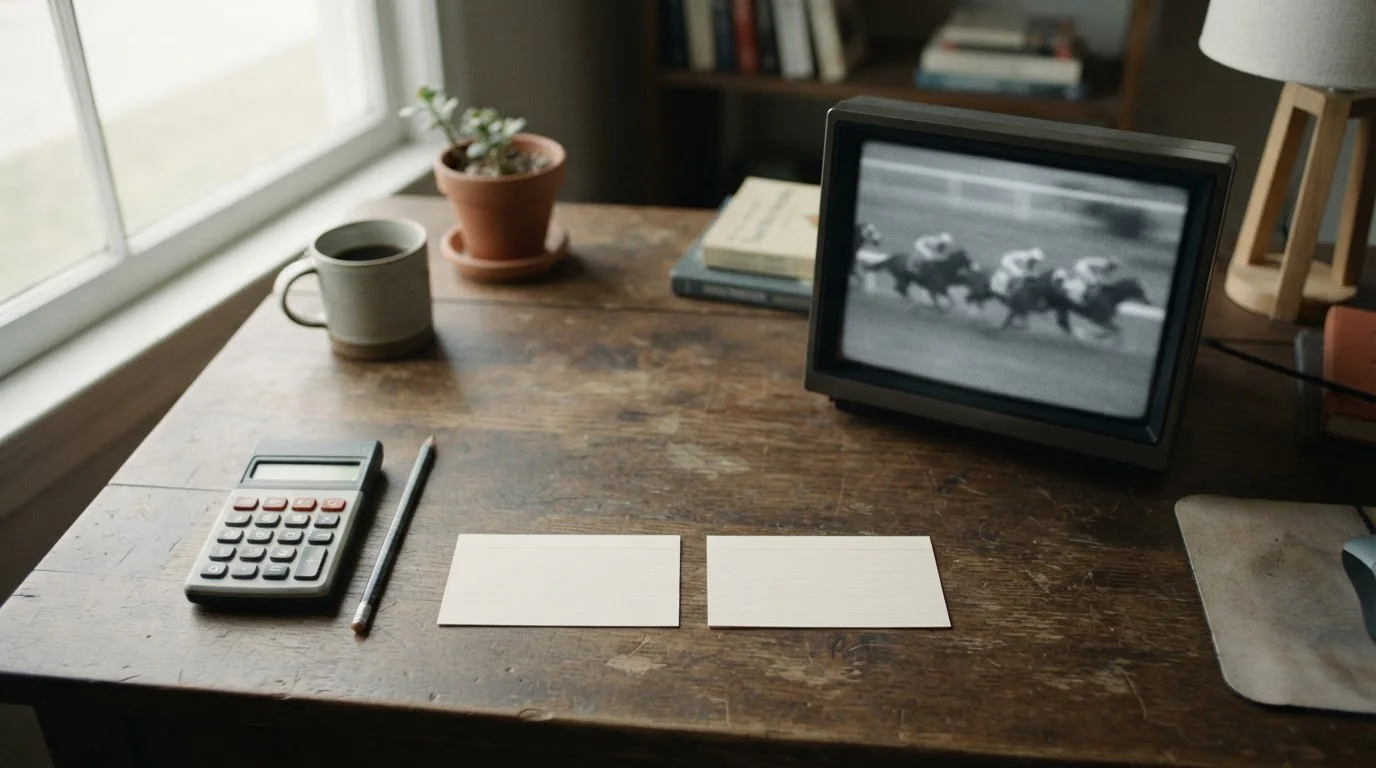 Calculadora y dos fichas en blanco junto a una carrera virtual en pantalla