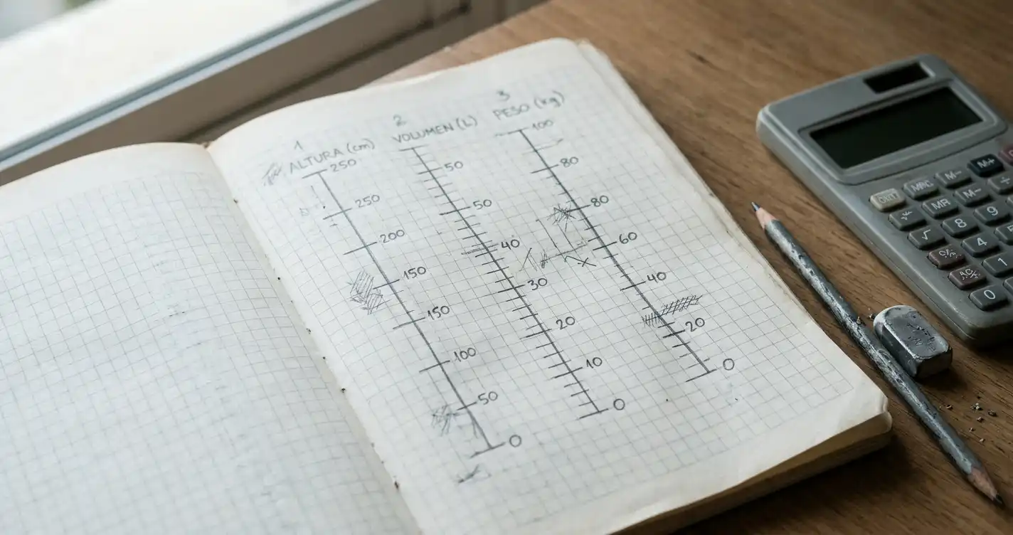 Manos dibujando tres escalas en un cuaderno cuadriculado junto a una calculadora