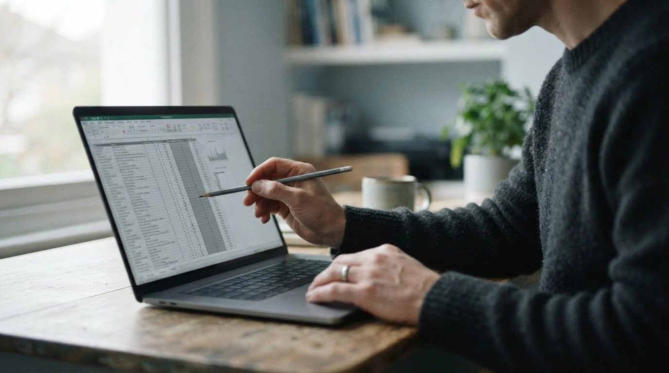 Lápiz siguiendo una columna de datos en la pantalla de un portátil