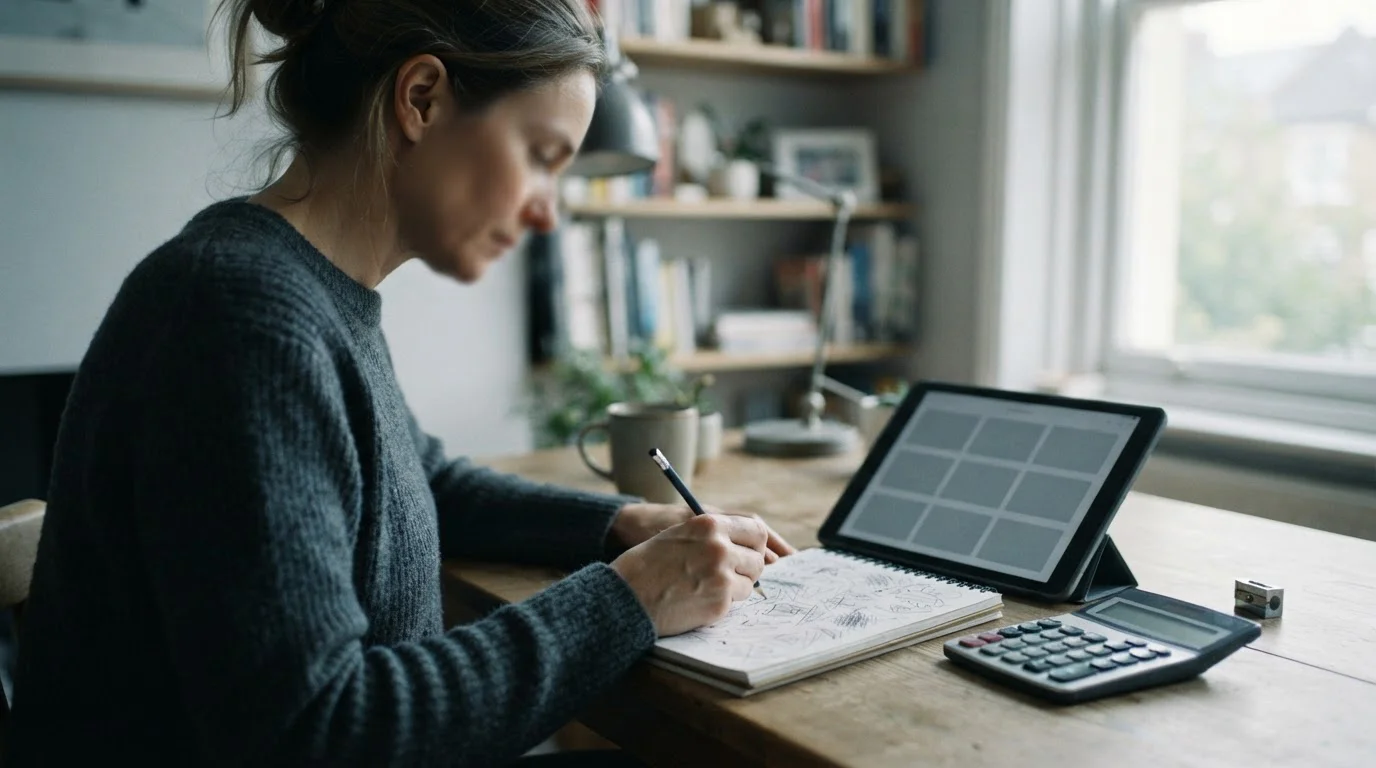 Persona de perfil haciendo cálculos en un cuaderno junto a una calculadora