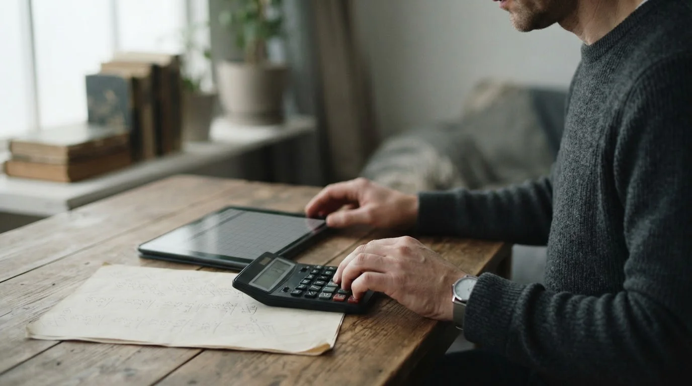 Manos con una calculadora junto a una hoja de cuentas hechas a lápiz