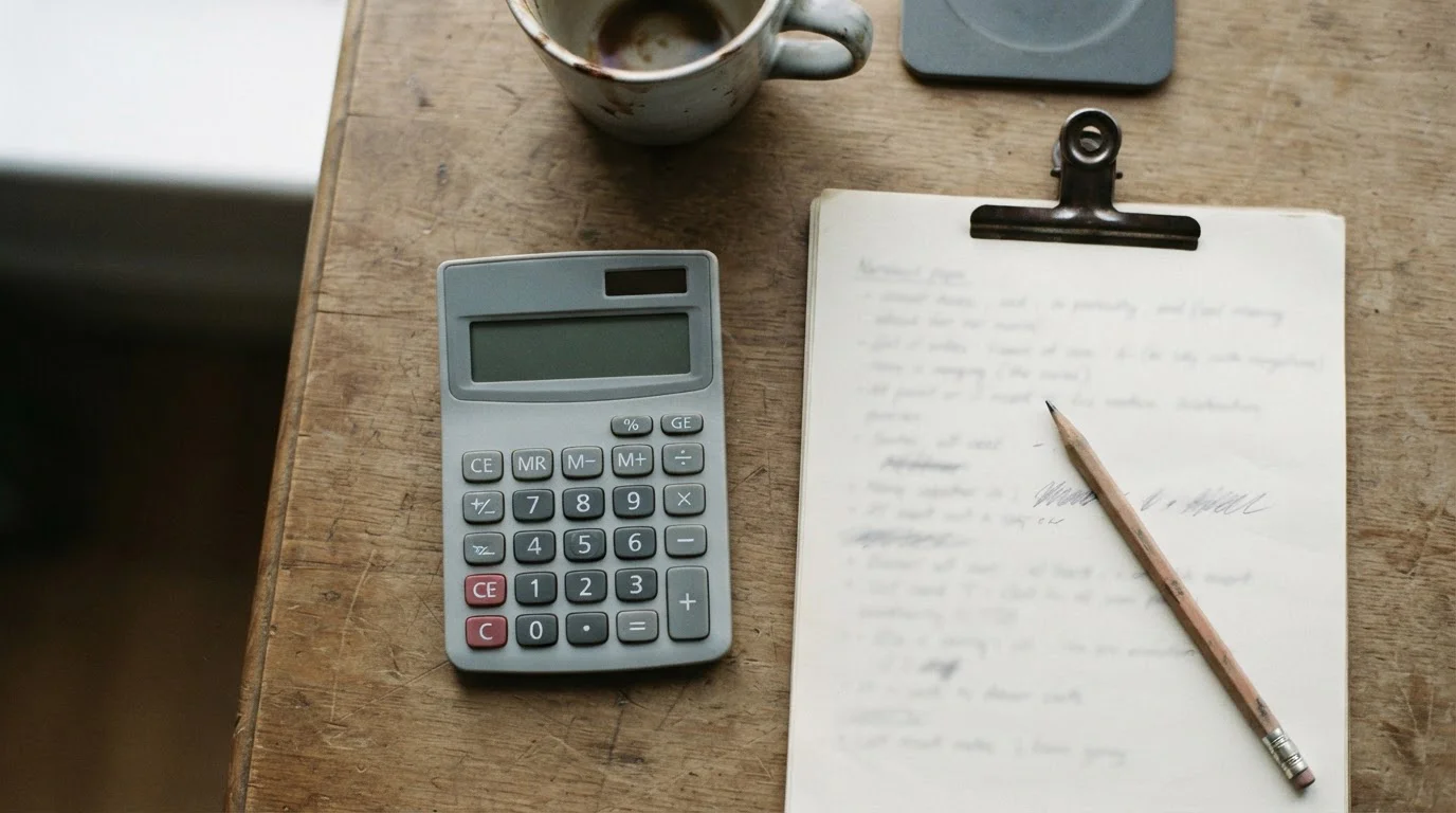 Calculadora y hoja de condiciones sobre un escritorio, vista cenital