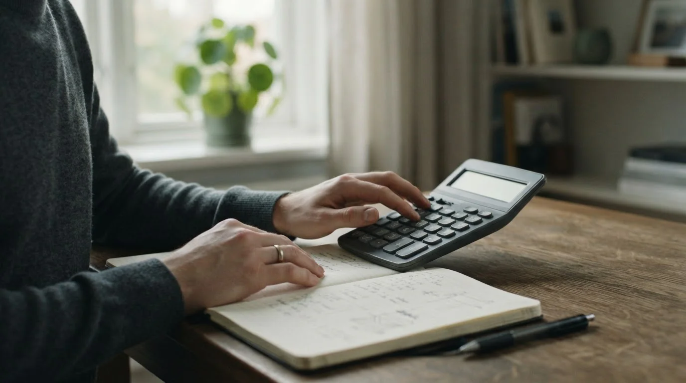 Manos usando una calculadora de escritorio junto a un cuaderno abierto