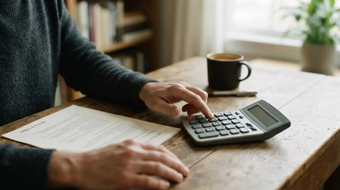 Manos con una calculadora junto a unas condiciones de bono impresas