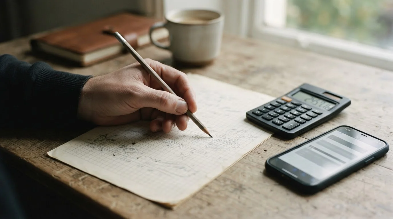 Mano con lápiz sobre papel cuadriculado junto a una calculadora y un móvil