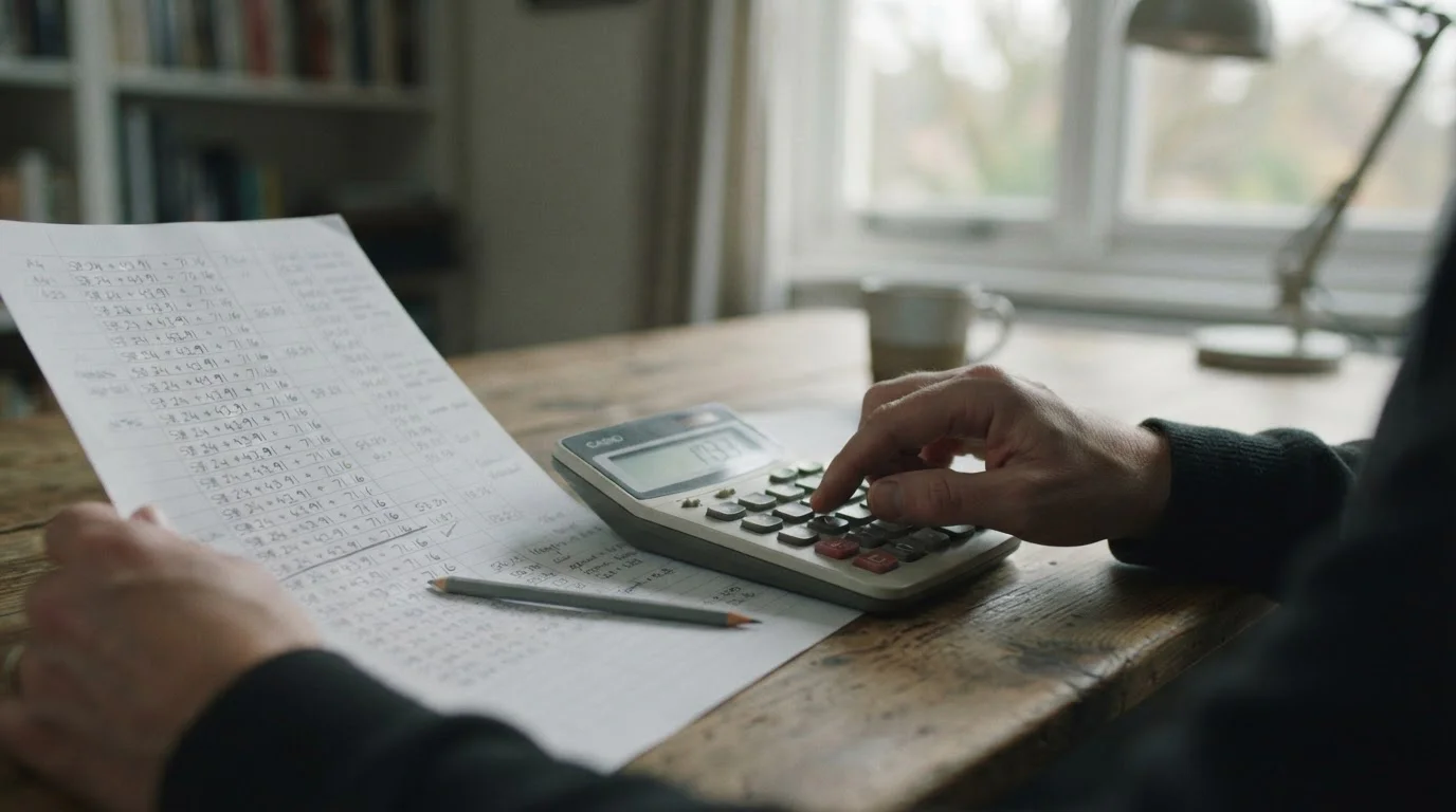 Mano con una calculadora junto a una hoja de condiciones con una línea subrayada