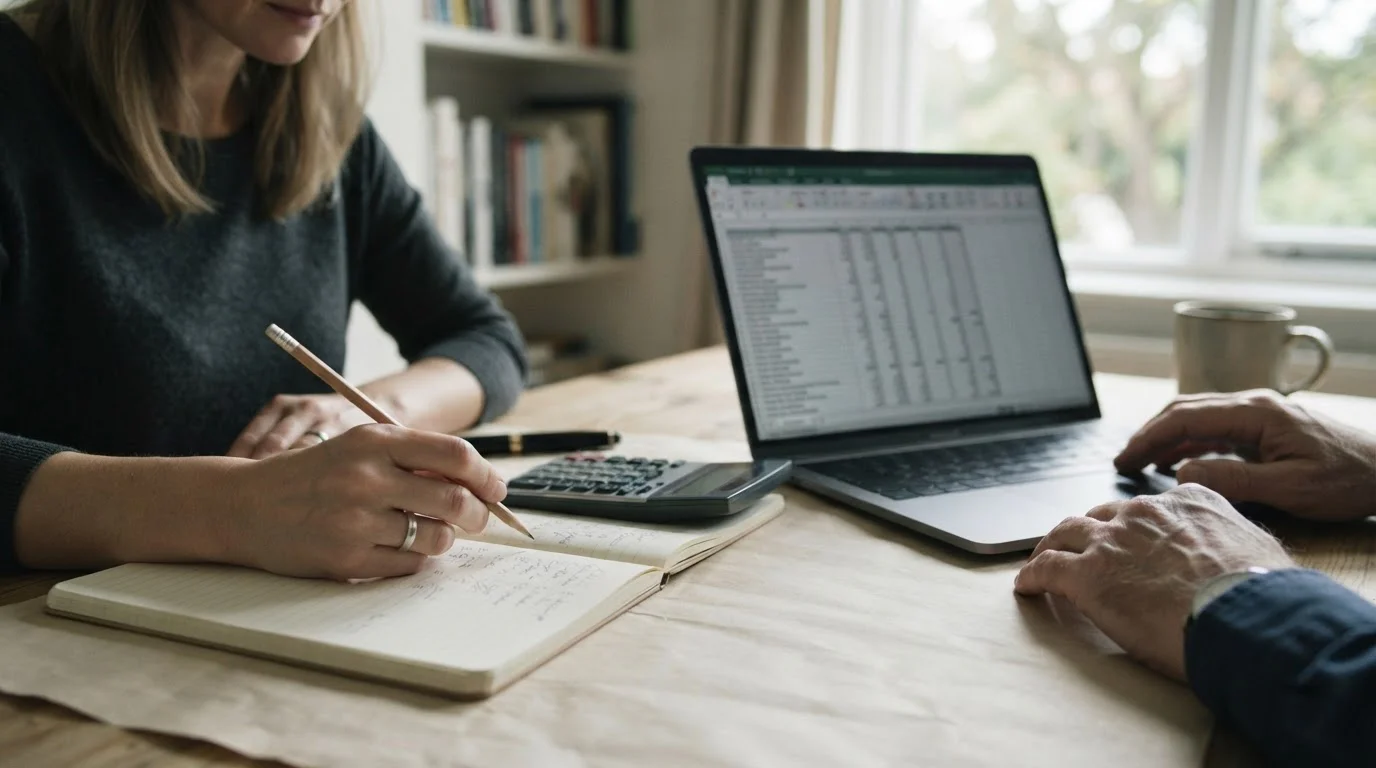 Cuaderno, calculadora y portátil para calcular el valor real de un bono