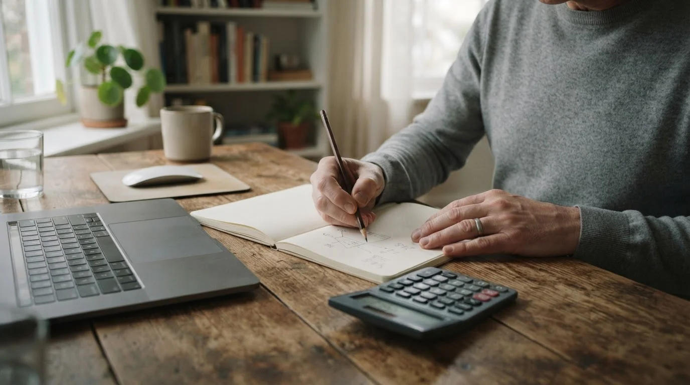 Calculadora y cuaderno junto a un portátil con una tabla de cálculo