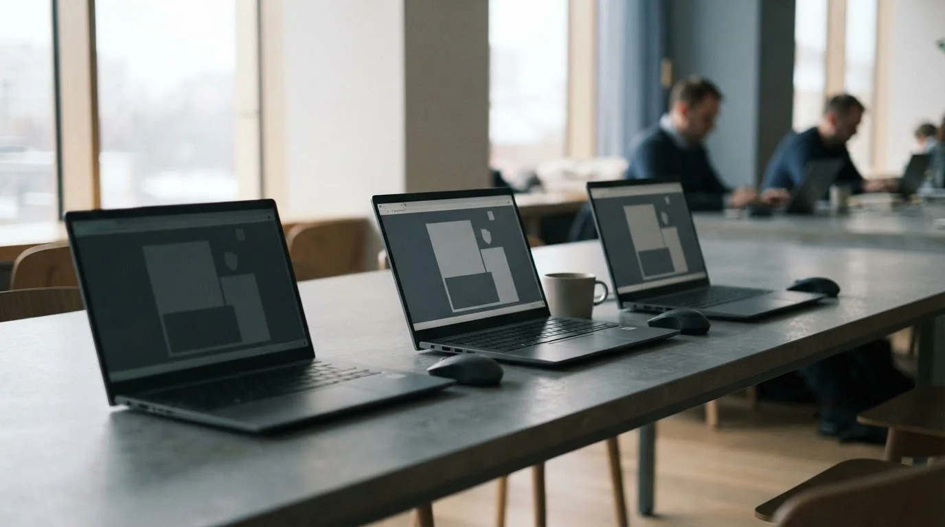 Tres portátiles idénticos sobre una mesa, uno con la pantalla apagada