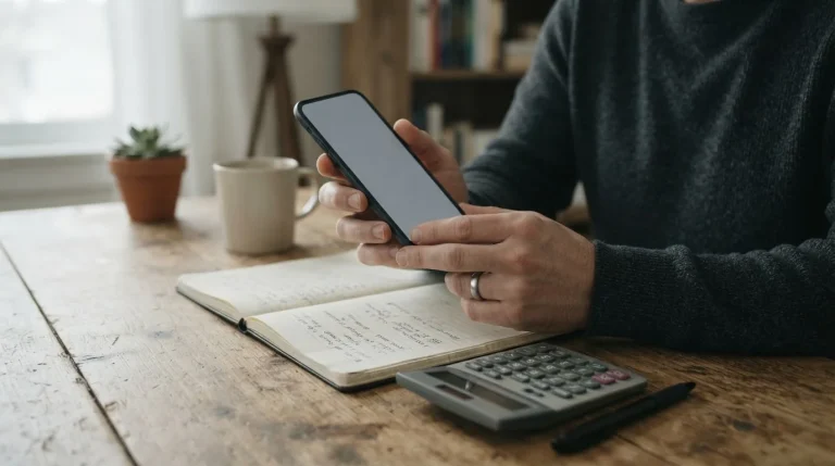 Manos de un adulto con un móvil, una libreta y una calculadora sobre un escritorio