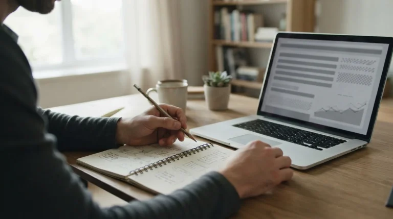 Manos con un lápiz sobre un cuaderno abierto junto a un portátil