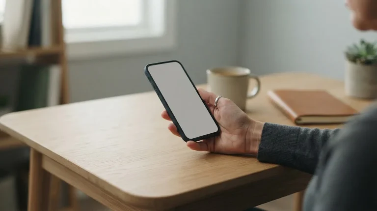 Mano que sostiene un móvil con una pantalla de pago neutra sobre una mesa de madera