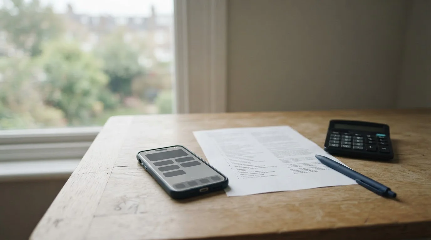 Escritorio con un móvil, condiciones impresas y una calculadora a la luz del día