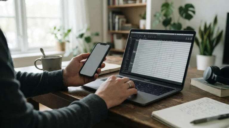 Manos de un adulto con un móvil y un portátil durante una operación con monedero electrónico