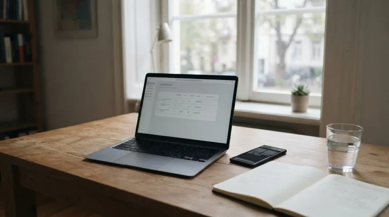 Escritorio con portátil y móvil que muestran interfaces de pago neutras junto a un cuaderno de notas