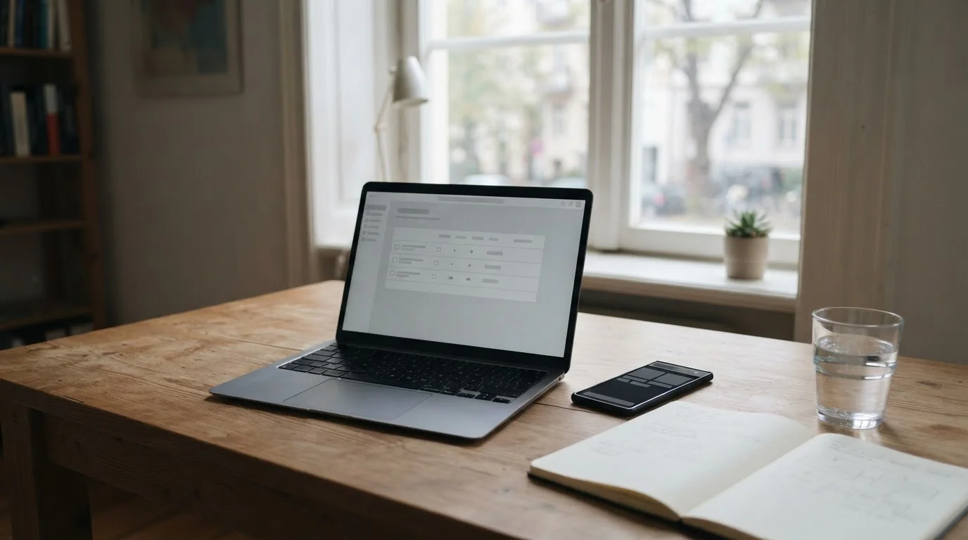Escritorio con portátil y móvil que muestran interfaces de pago neutras junto a un cuaderno de notas