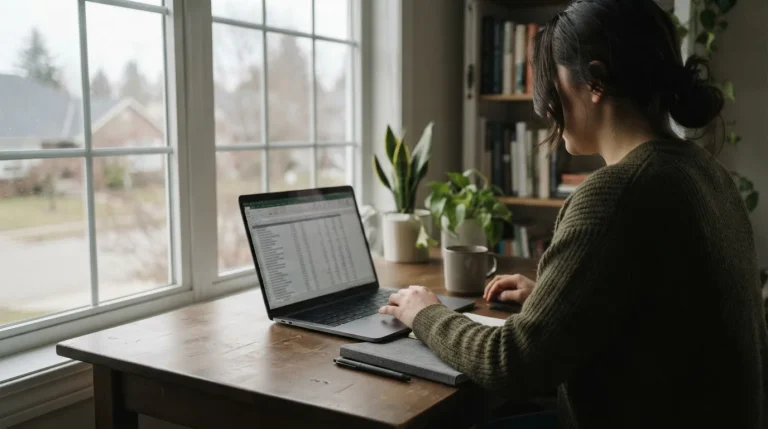 Portátil con una tabla comparativa neutra sobre un escritorio junto a la ventana