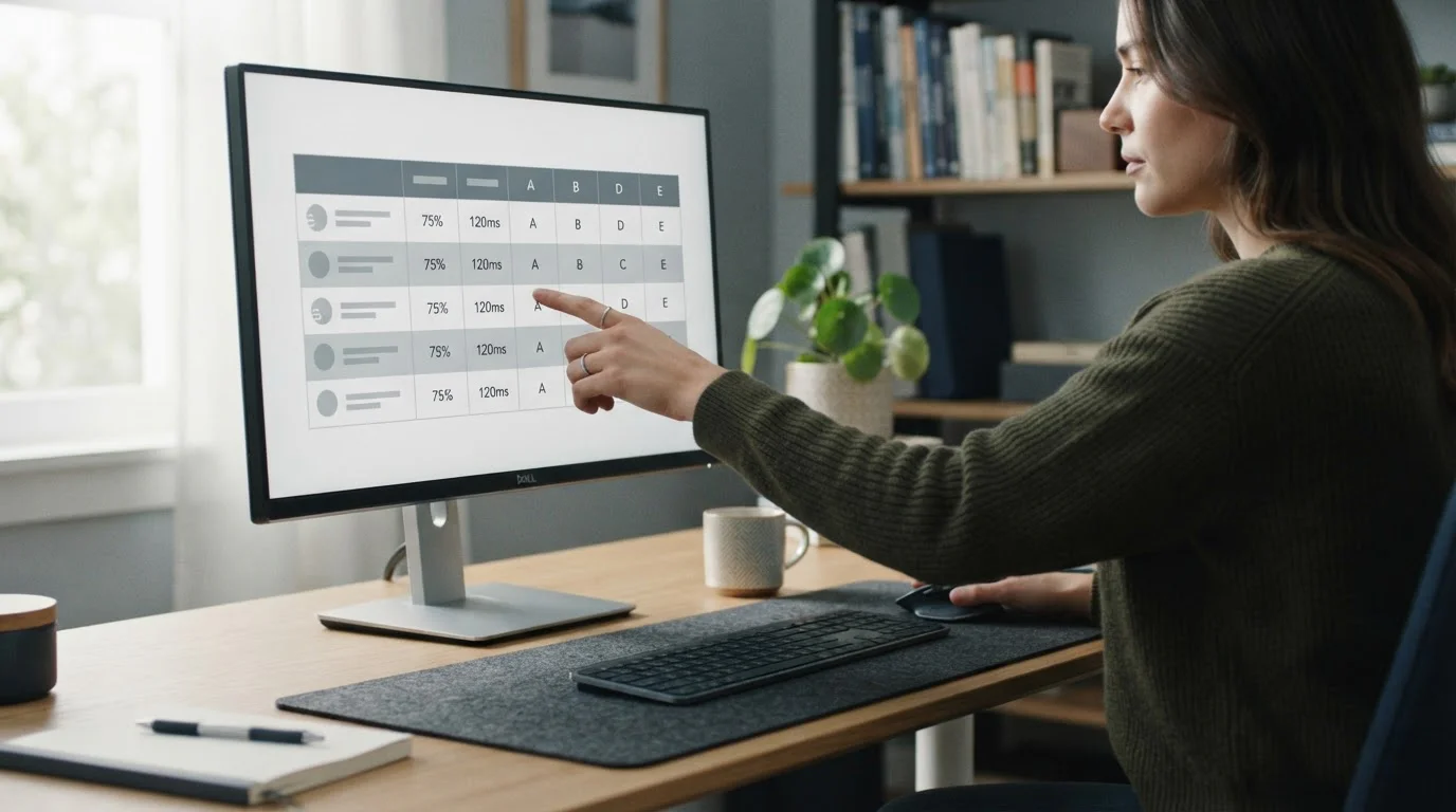 Mano que señala una tabla comparativa sin nombres en la pantalla de un monitor