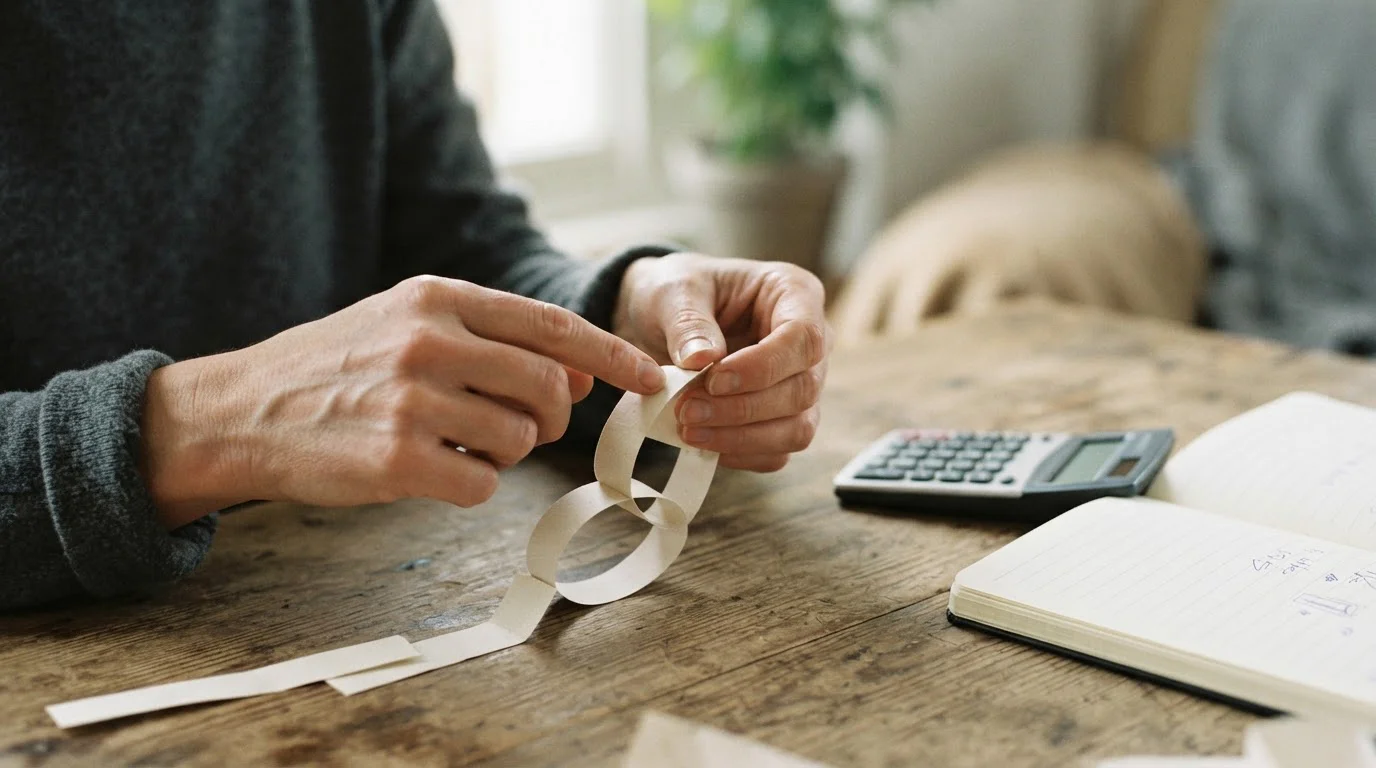 Manos uniendo tiras de papel en cadena junto a una calculadora