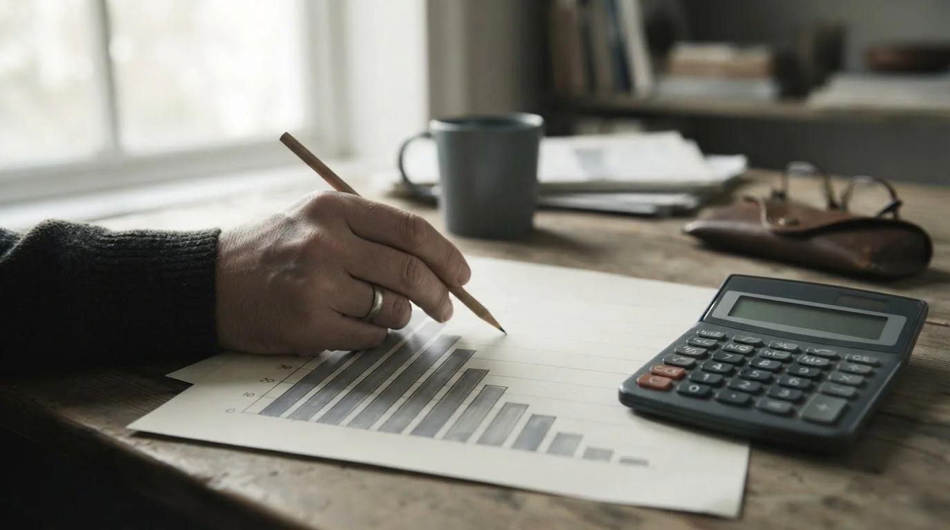 Gráfico en papel con barras descendentes junto a una calculadora