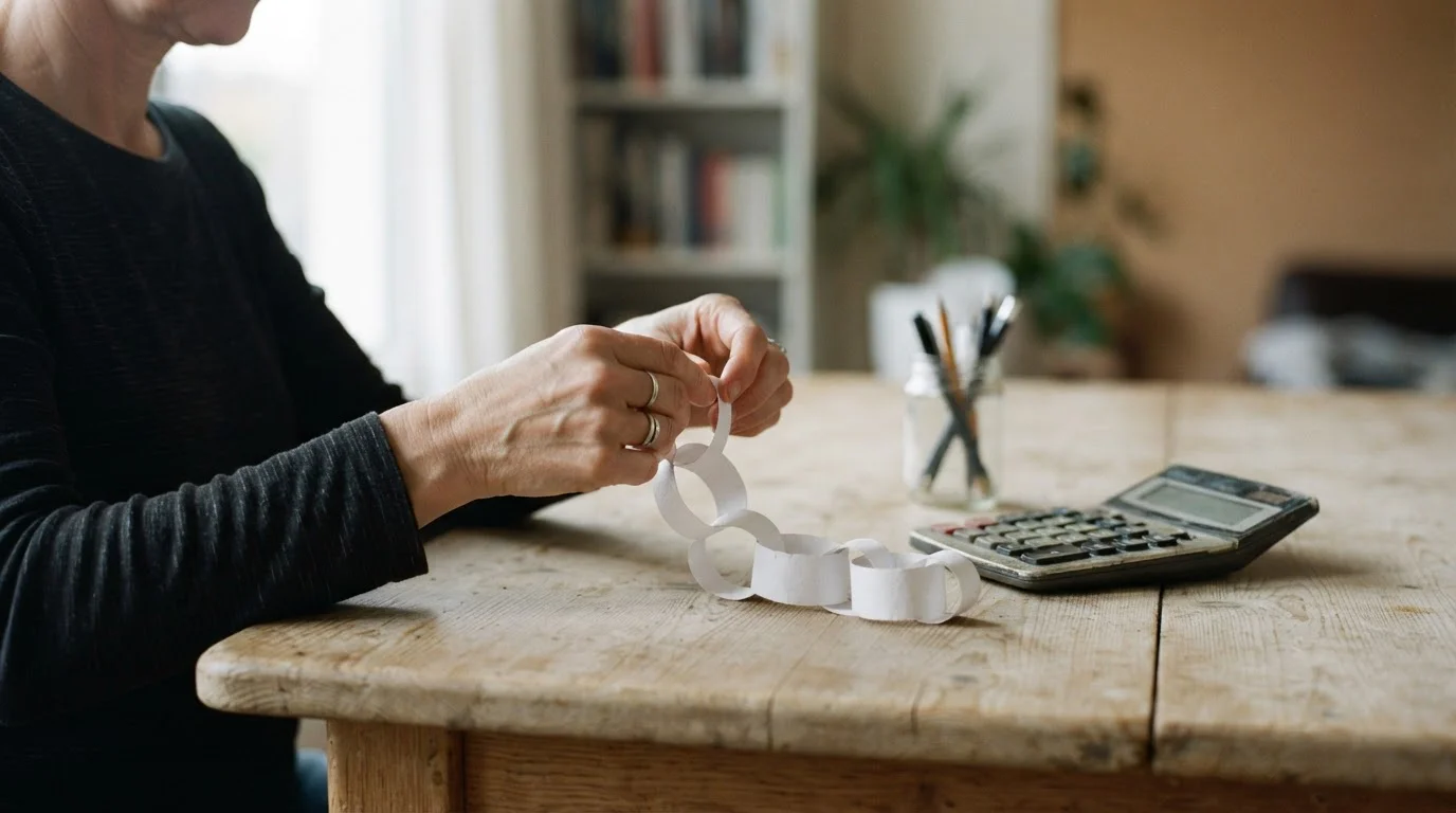Manos uniendo eslabones de papel en blanco junto a una calculadora