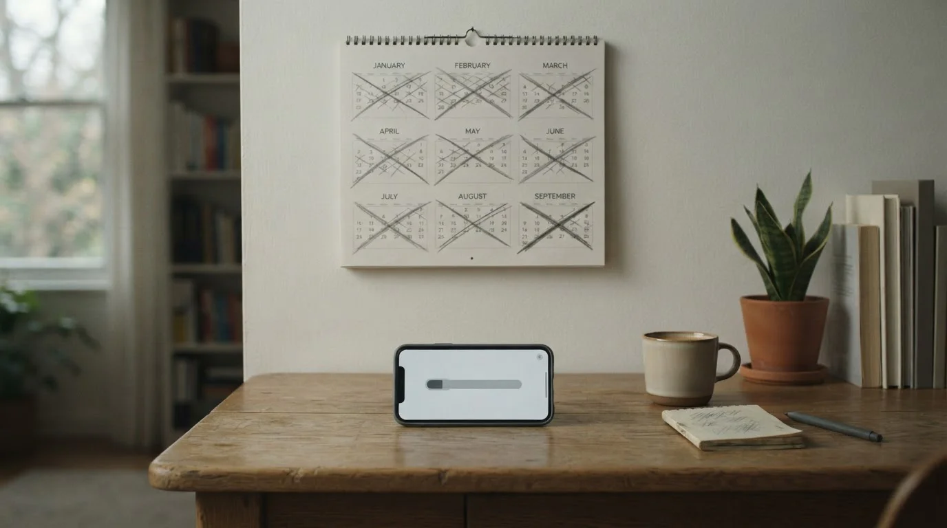 Calendario con meses tachados sobre un escritorio y un móvil con una barra de saldo menguante