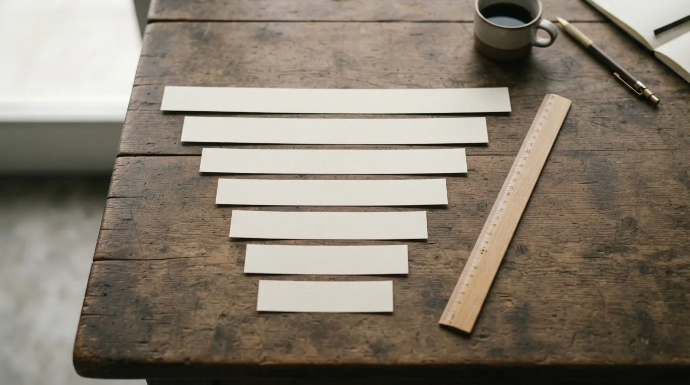 Siete tiras de papel de distinta longitud ordenadas sobre una mesa