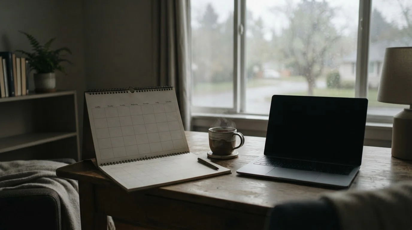 Calendario de pared junto a un portátil cerrado en un escritorio tranquilo