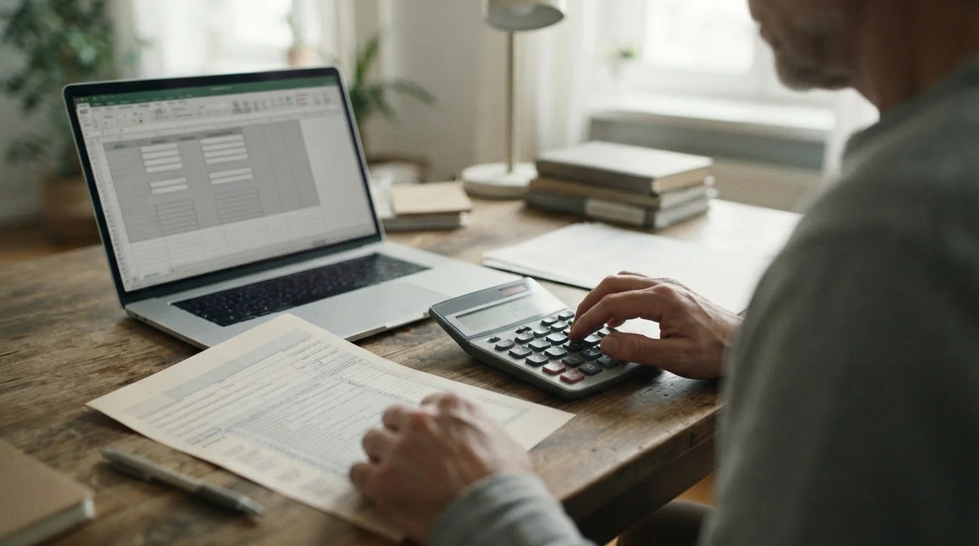 Manos con una calculadora junto a un impreso fiscal en blanco y un portátil