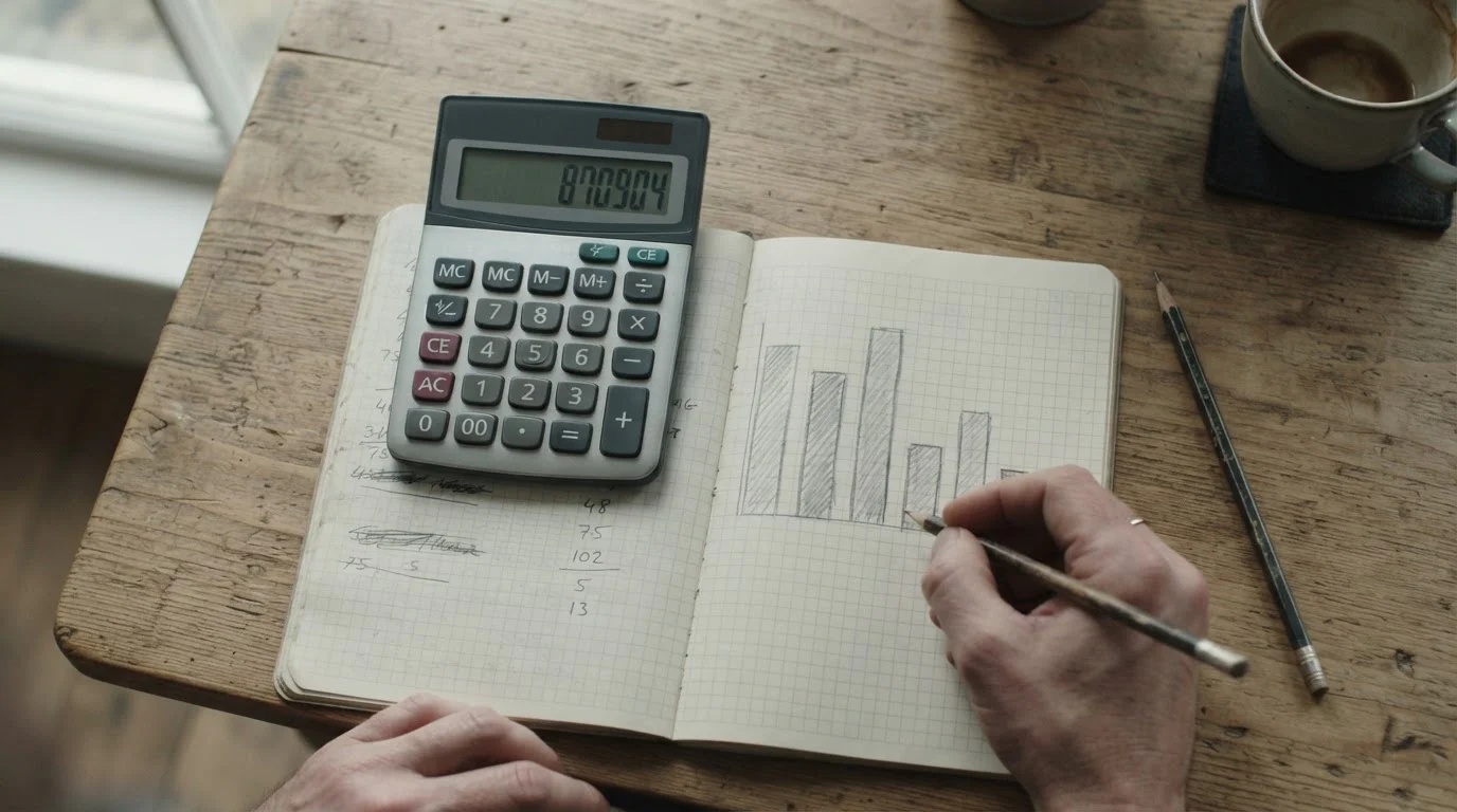 Calculadora y cuaderno con un esbozo de barras, una de ellas más corta