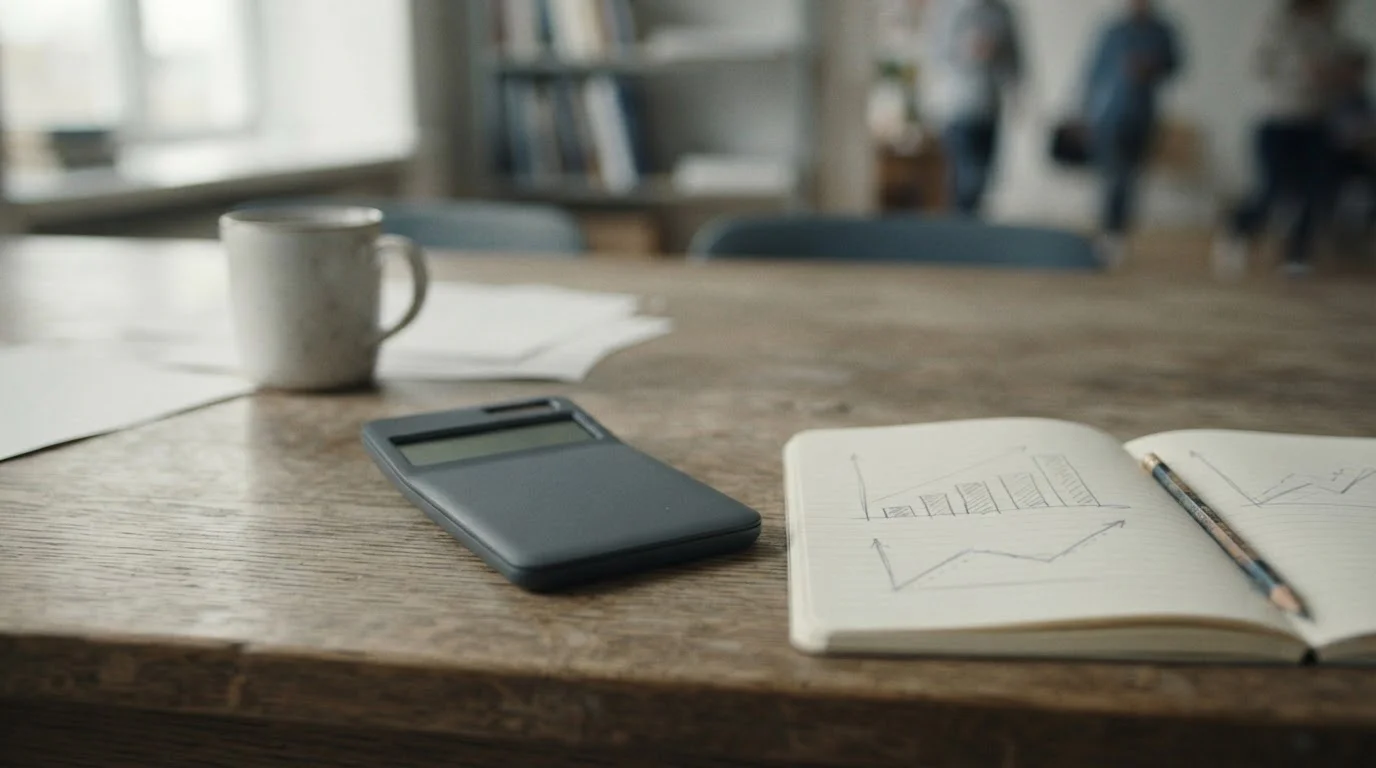 Calculadora, lápiz y cuaderno con gráficos de barras