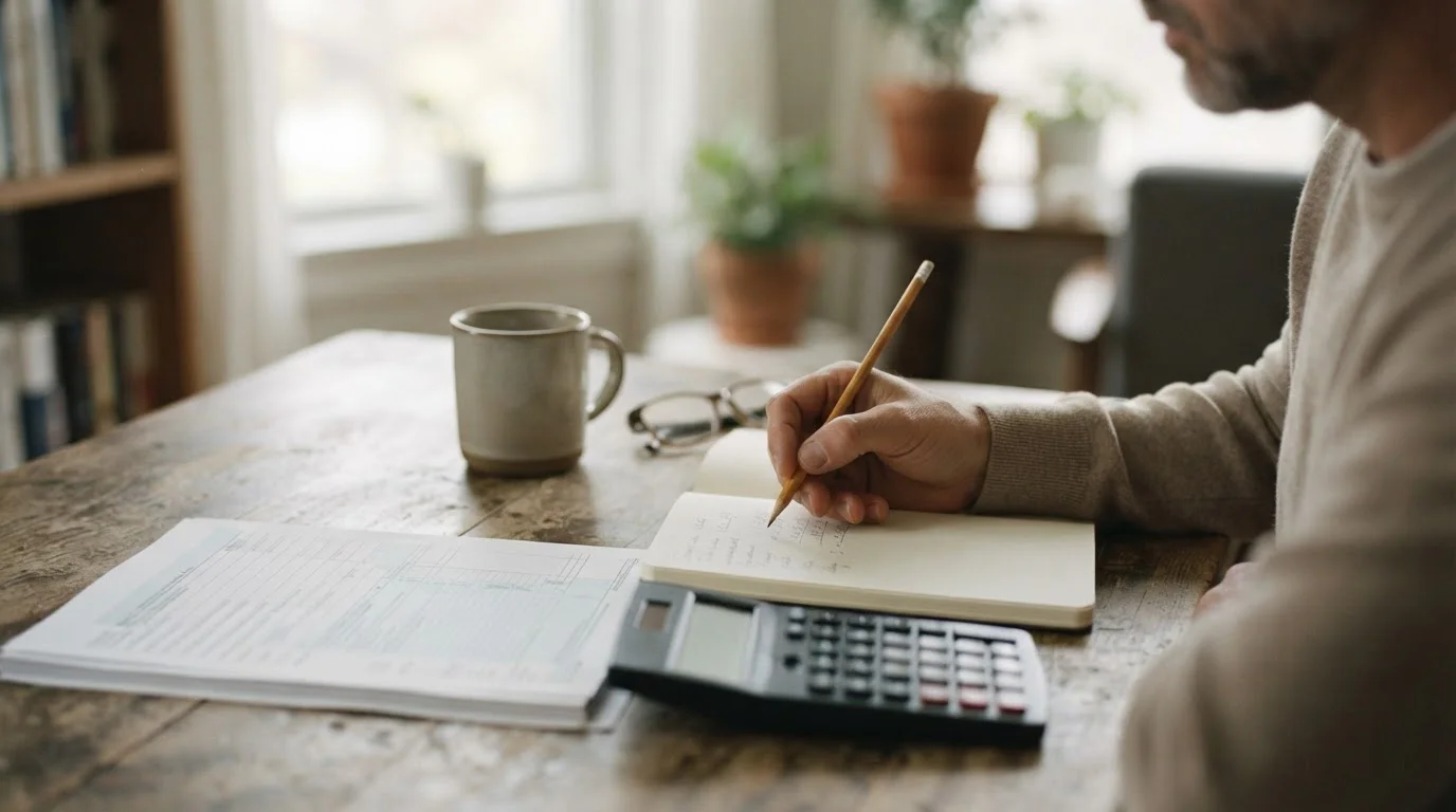 Lápiz, calculadora e impreso fiscal en blanco sobre una mesa