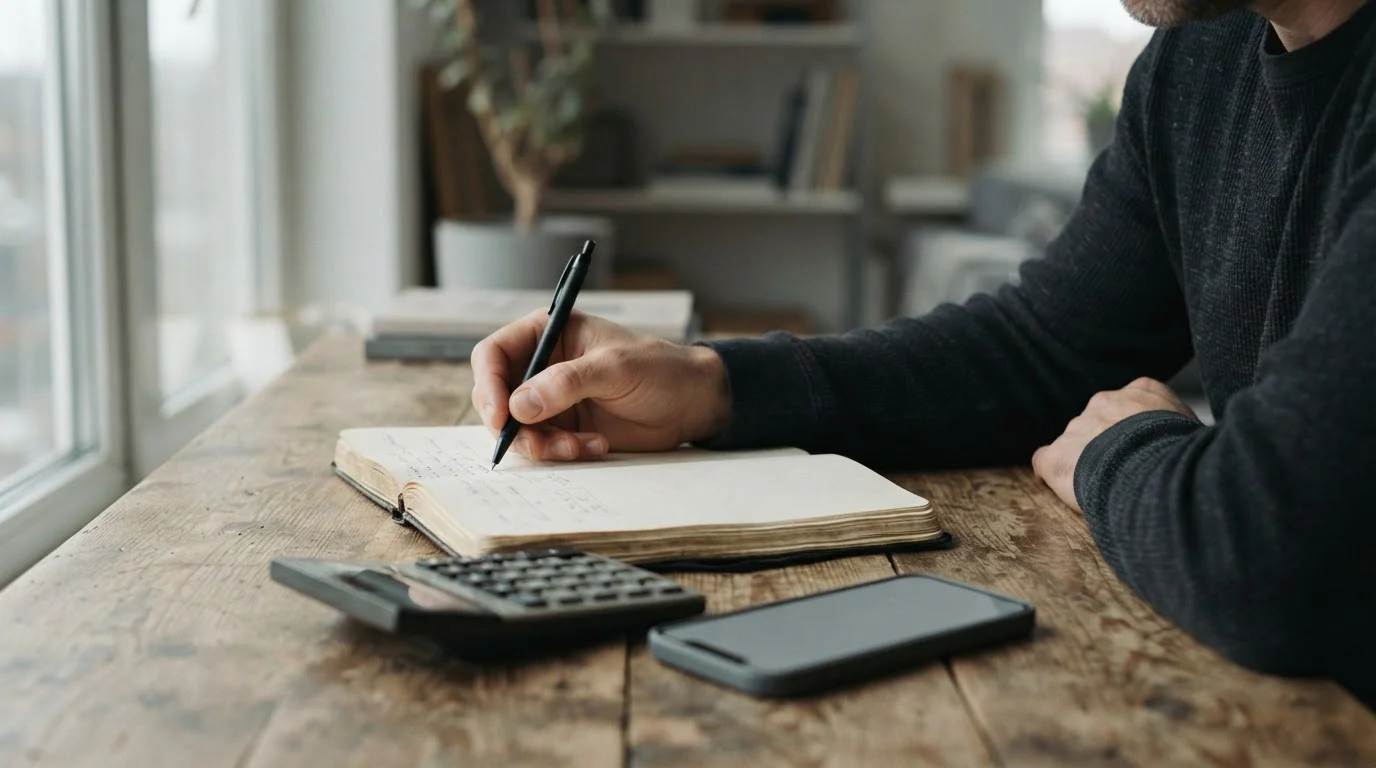 Mano que anota en una libreta junto a una calculadora y un móvil con un formulario vacío