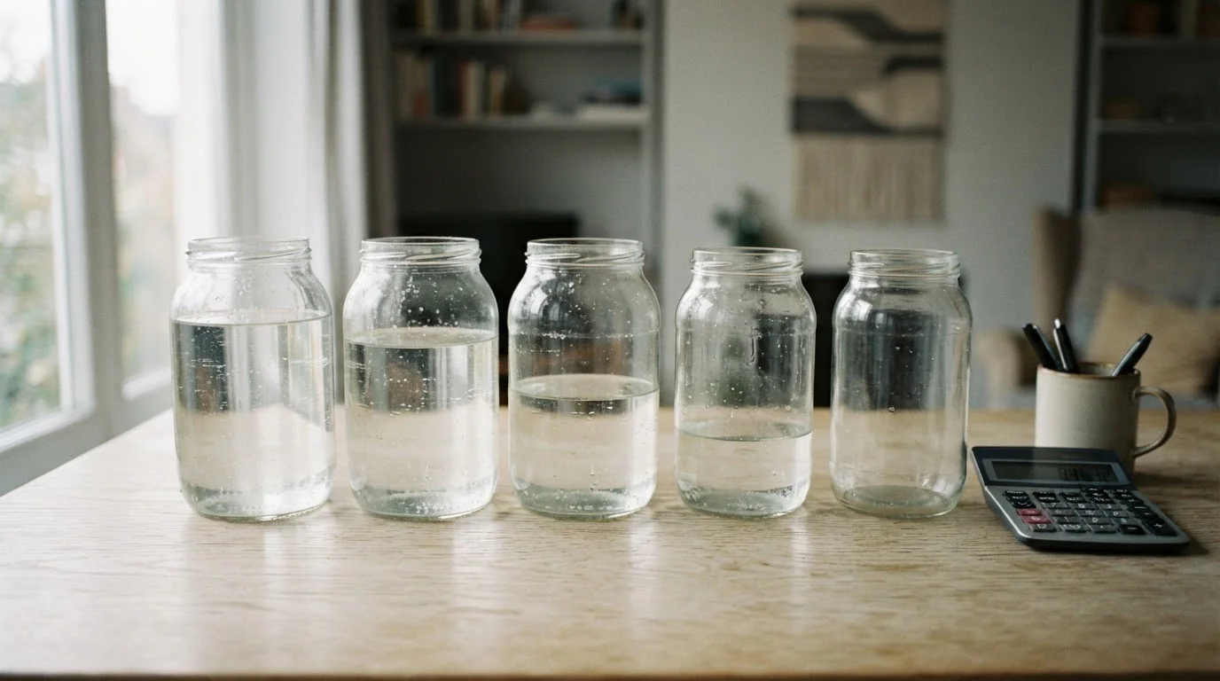 Fila de frascos de cristal con cada vez menos agua junto a una calculadora
