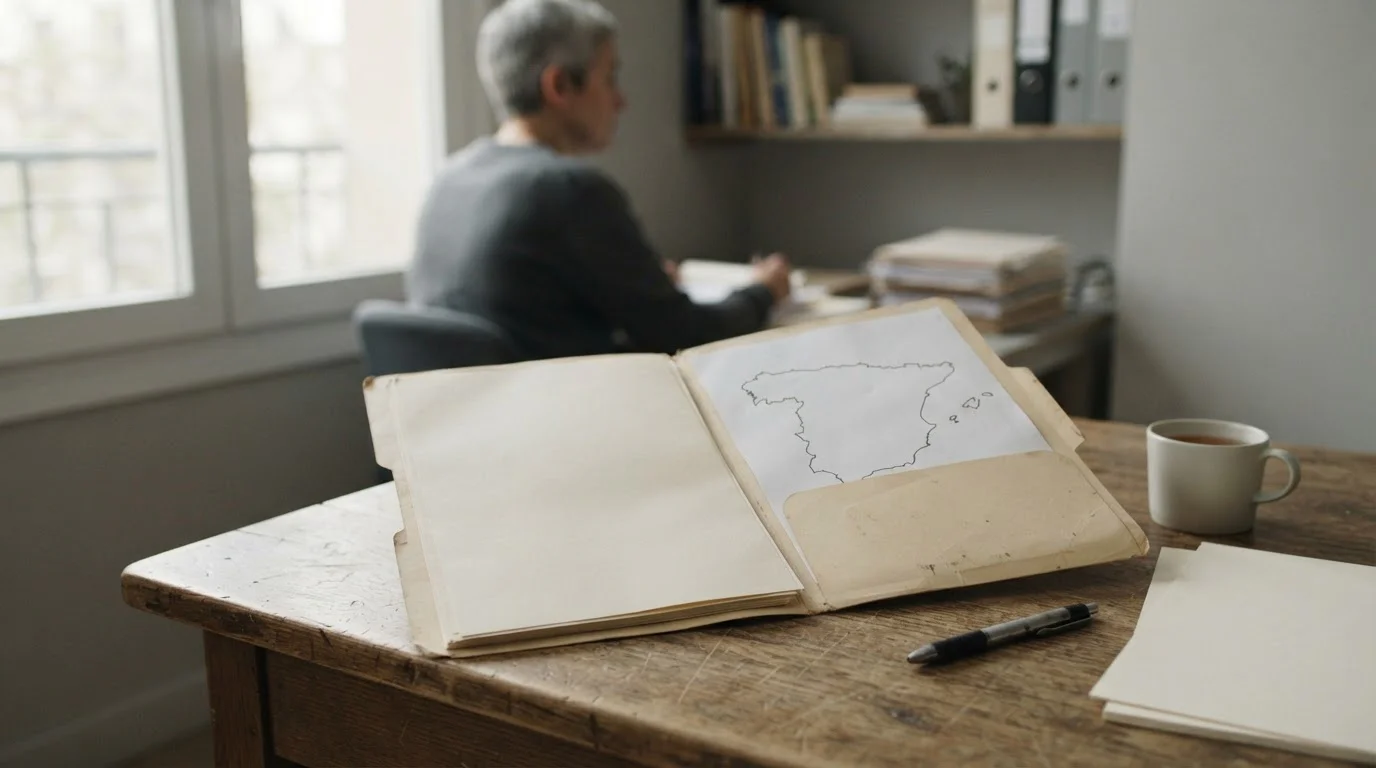 Documentación regulatoria junto a un mapa de España sobre una mesa